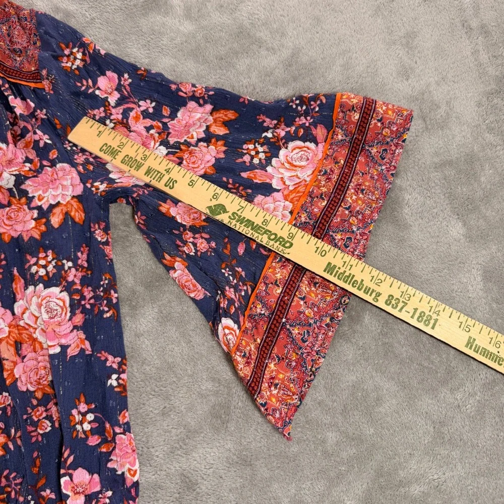 Matilda Jane Kimono Women XS/S Blue Floral Metallic Bell Sleeve Cardigan Wrap